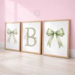 Sage Bow Nursery Prints - Set Of 3 Girls Wall Art, Custom Name Decor - thumbnail 1