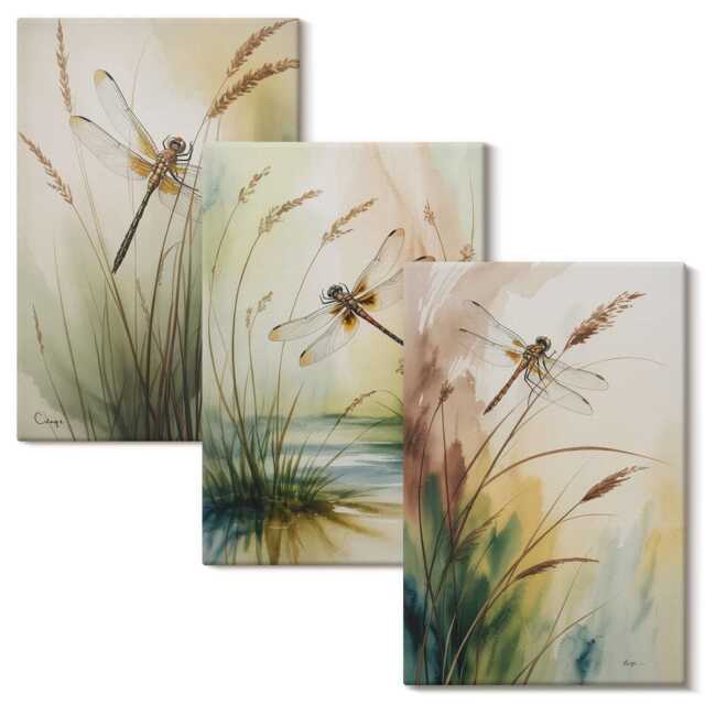 Canvas Wall Art Set Of 3 - Dragonflies By The Water in A Painterly Style, Beige Print On Canvas, Plants & Flowers Hanging Piece - image 1