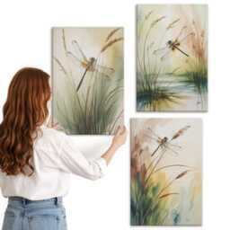 Canvas Wall Art Set Of 3 - Dragonflies By The Water in A Painterly Style, Beige Print On Canvas, Plants & Flowers Hanging Piece - thumbnail 2