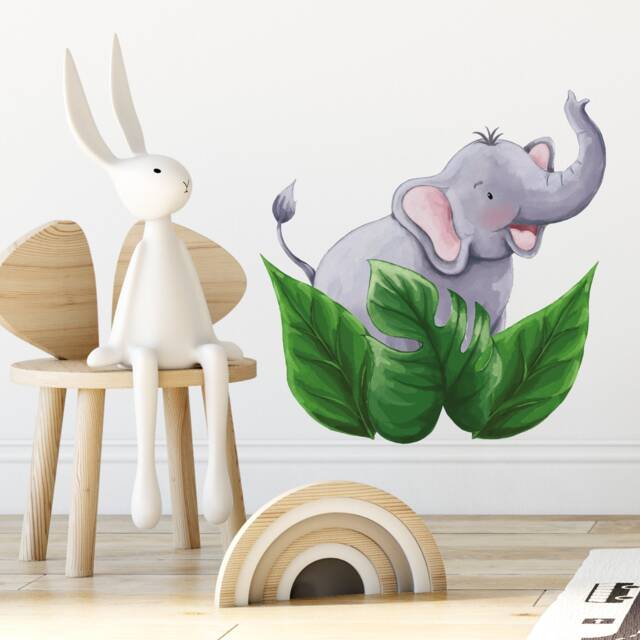 Safari Wall Stickers, Individual Jungle Animal Nursery Decals, Elephant, Giraffe, Pink Flamingo, Hippo & Monkey Tree, Fabric Watercolours - image 1
