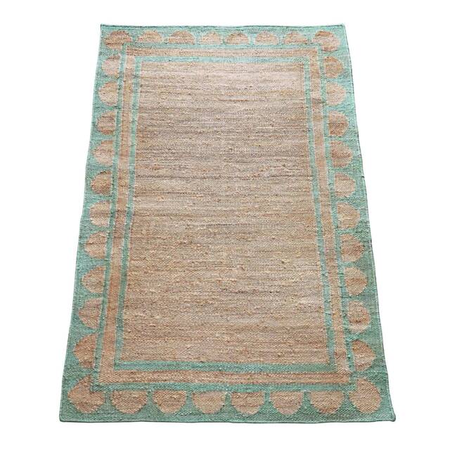Handwoven Jute Rug, Green Scalloped Border, Natural Fiber - image 1