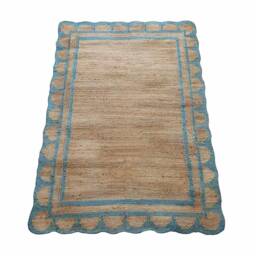 Handwoven Jute Rug, Green Scalloped Border, Natural Fiber - thumbnail 3
