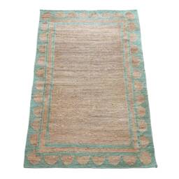 Handwoven Jute Rug, Green Scalloped Border, Natural Fiber - thumbnail 1