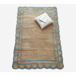 Handwoven Jute Rug, Green Scalloped Border, Natural Fiber - thumbnail 2