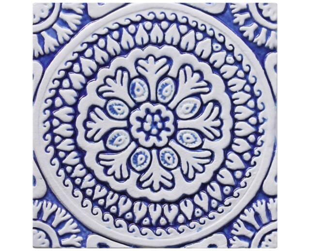 Handmade Suzani Ceramic Wall Tile Blue Floral Outdoor Decor - 20cm/7.9 - image 1