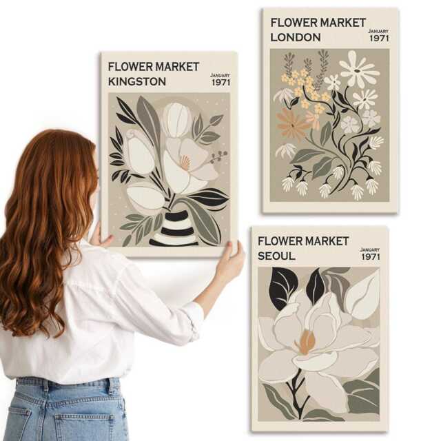 Canvas Set Of 3 - Retro Flowers From Different Cities Around The World, Green Print On Canvas, Plants & Wall Decor - image 1
