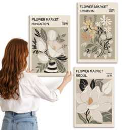 Canvas Set Of 3 - Retro Flowers From Different Cities Around The World, Green Print On Canvas, Plants & Wall Decor - thumbnail 1