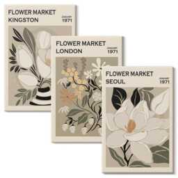 Canvas Set Of 3 - Retro Flowers From Different Cities Around The World, Green Print On Canvas, Plants & Wall Decor - thumbnail 2