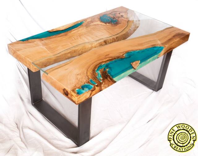 Deep Blue - Bright Ash Live Edge River Coffee Table With 3D Glowing Resin - image 1