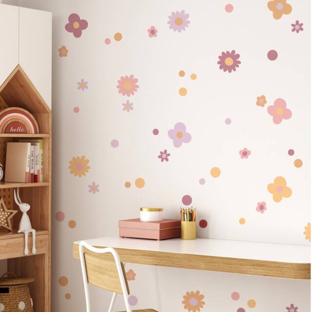 Funky Flower Wall Stickers - Retro Floral Decals For Kids Bedroom, Nursery, Playroom PVC Free, No Odour Removable Fabric Decal - image 1