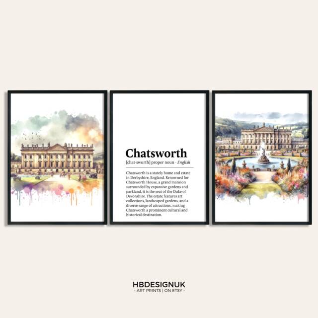 Chatsworth Poster Print Set - Of 3 Posters - House Watercolour Wall Hanging Artwork Art Travel Decor - image 1