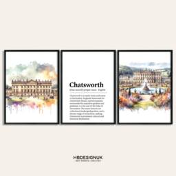 Chatsworth Poster Print Set - Of 3 Posters - House Watercolour Wall Hanging Artwork Art Travel Decor - thumbnail 1