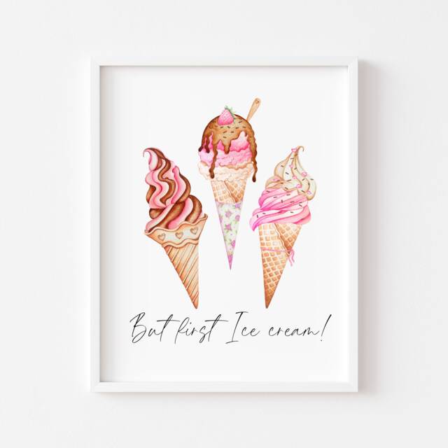 Ice Cream Print Pink Dessert Illustration, Kitchen Wall Art Unframed - image 1