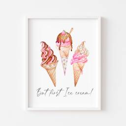 Ice Cream Print Pink Dessert Illustration, Kitchen Wall Art Unframed - thumbnail 1