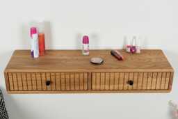 Fluted Oak Floating Makeup Table Vanity Organizer With Drawers