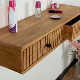Fluted Oak Floating Makeup Table Vanity Organizer With Drawers - thumbnail 2