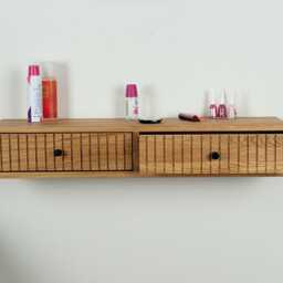 Fluted Oak Floating Makeup Table Vanity Organizer With Drawers - thumbnail 2