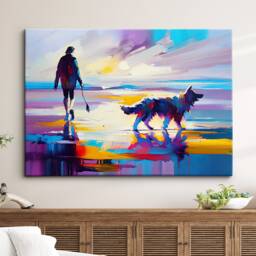 Calm Sunset Beach Walker With Dog Abstract Painting Sea Splatter Wall Art Framed Canvas Poster Print, Home Office Room Decor Gifts - thumbnail 1