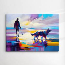 Calm Sunset Beach Walker With Dog Abstract Painting Sea Splatter Wall Art Framed Canvas Poster Print, Home Office Room Decor Gifts - thumbnail 3
