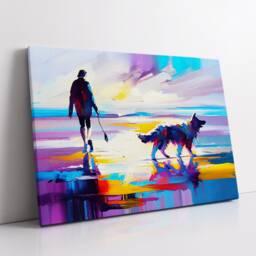 Calm Sunset Beach Walker With Dog Abstract Painting Sea Splatter Wall Art Framed Canvas Poster Print, Home Office Room Decor Gifts - thumbnail 2