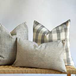 Neutral Plaid Pillow Cover Set Boho Home Decor, Linen Blend - thumbnail 3
