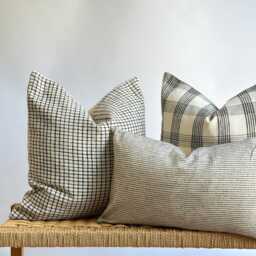 Neutral Plaid Pillow Cover Set Boho Home Decor, Linen Blend - thumbnail 2