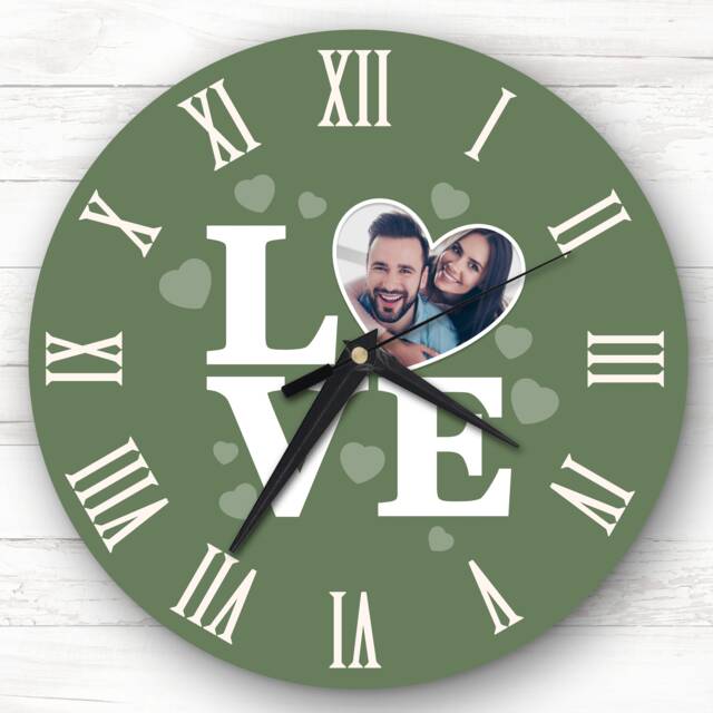 Sage Green Background Love Photo Anniversary Valentine's Gift Personalised Clock - image 1