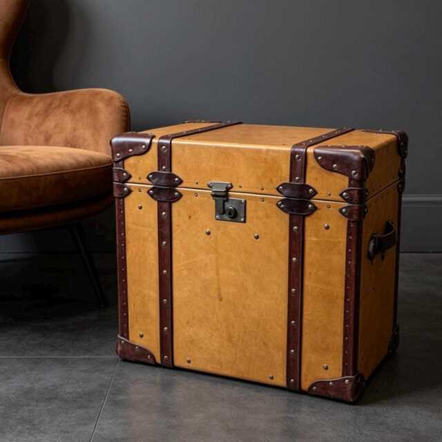 Hand-Dyed Bridle Leather Steamer Trunk Side Table - Campaign Chest Storage Furniture - image 1
