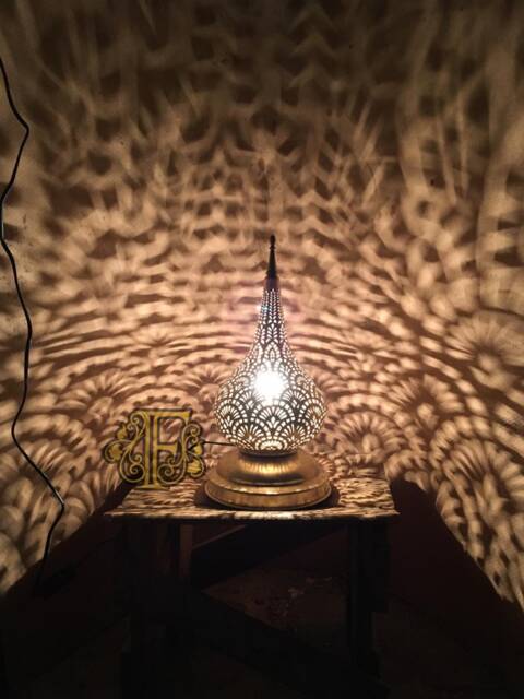Moroccan Brass Table Lamp - Hand-Perforated Lantern Warm Light Projection Moorish Decor - image 1