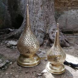 Moroccan Brass Table Lamp - Hand-Perforated Lantern Warm Light Projection Moorish Decor - thumbnail 2