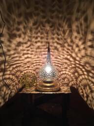 Moroccan Brass Table Lamp - Hand-Perforated Lantern Warm Light Projection Moorish Decor - thumbnail 1