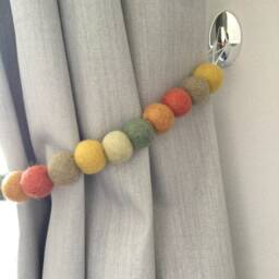 Muted Rainbow Felt Ball Curtain Tie Back Farmhouse Decor - thumbnail 3