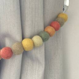 Muted Rainbow Felt Ball Curtain Tie Back Farmhouse Decor - thumbnail 2