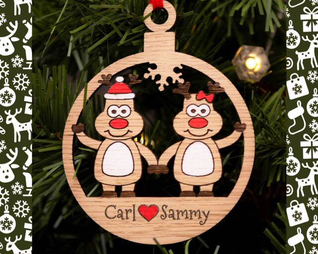Couples Christmas Decoration, Personalised Bauble, Wood Engraved Xmas Ornament, Reindeer Family, Tree Santa - image 1