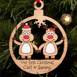 Couples Christmas Decoration, Personalised Bauble, Wood Engraved Xmas Ornament, Reindeer Family, Tree Santa - thumbnail 3