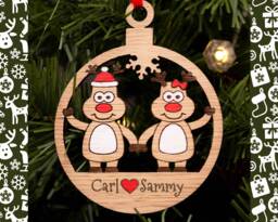 Couples Christmas Decoration, Personalised Bauble, Wood Engraved Xmas Ornament, Reindeer Family, Tree Santa - thumbnail 1