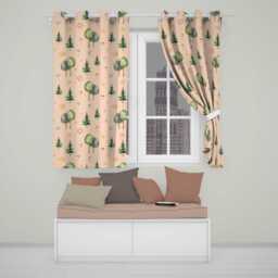 Watercolor Forest Trees Mushrooms Sun Moon Stars On Warm Beige Seamless Pattern Readymade Eyelet Ring Top Thermal 100% Blackout Curtains - thumbnail 1