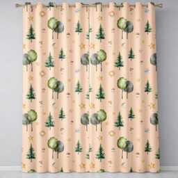 Watercolor Forest Trees Mushrooms Sun Moon Stars On Warm Beige Seamless Pattern Readymade Eyelet Ring Top Thermal 100% Blackout Curtains - thumbnail 2