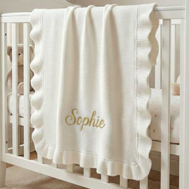 Personalised Frill Edge Baby Blanket With Embroidered Name - 100% Cotton Custom Newborn Gift - image 1