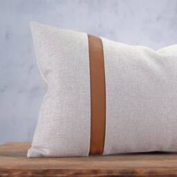 Retro-Inspired Neutral Lumbar Pillow Cover With Faux Leather Stripe Details - thumbnail 2