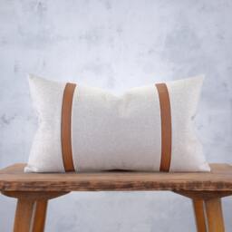 Retro-Inspired Neutral Lumbar Pillow Cover With Faux Leather Stripe Details