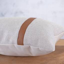 Retro-Inspired Neutral Lumbar Pillow Cover With Faux Leather Stripe Details - thumbnail 3