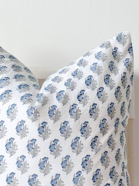 Block Print Pillow Cover Floral Batik, Boho Farmhouse Decor - 20x20 - image 1
