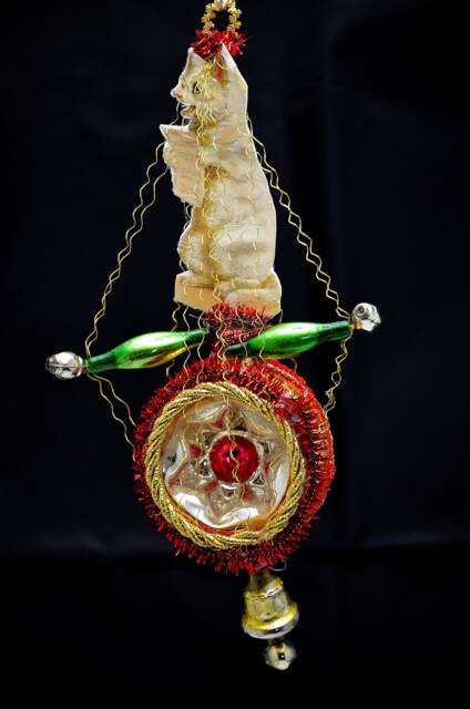 Vintage Christmas Ornament With Dresden Trims, Victorian Die Cuts & Mercury Glass Beads - image 1