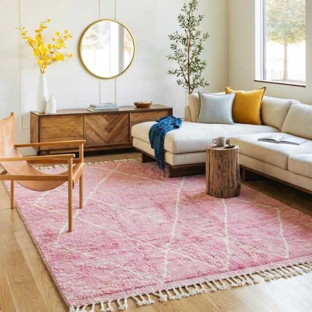 Moroccan Pink Berber Rug, Handwoven Wool Shag Rug With Diamond Lattice, Authentic Beni Ourain Style Carpet, Large 9x12 Area - image 1