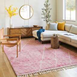 Moroccan Pink Berber Rug, Handwoven Wool Shag Rug With Diamond Lattice, Authentic Beni Ourain Style Carpet, Large 9x12 Area - thumbnail 1