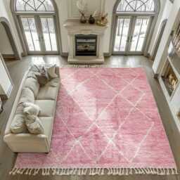 Moroccan Pink Berber Rug, Handwoven Wool Shag Rug With Diamond Lattice, Authentic Beni Ourain Style Carpet, Large 9x12 Area - thumbnail 3