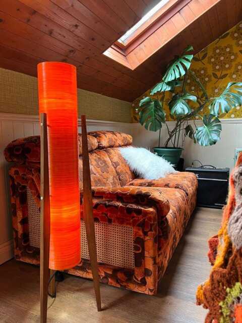 Mid Century Modern Rocket Lamp in Orange Spun Fiberglass, Solid Teak Wood Legs - image 1
