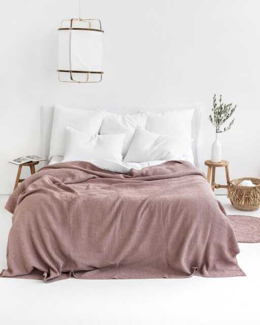 Woodrose Waffle Linen Blanket - Soft Dusty Pink Bed Throw For Queen Or King Cozy Bedspread Minimalist Farmhouse Decor - image 1