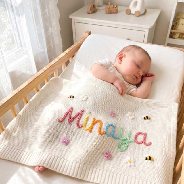 Personalized Hand Embroidered Knit Baby Blanket, Custom Name Heirloom Keepsake, Newborn Nursery Gift - image 1